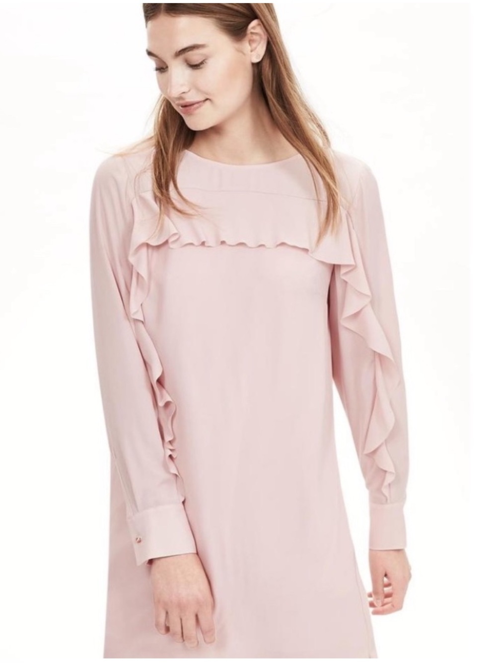 Banana Republic Pale Pink Ruffle Long-Sleeve Shift Dress